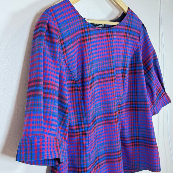 Eloquii Womens Plus Size Blouse Ballon Sleeve Plaid Round Neck Blue Pink Size 18 - Picture 2 of 7